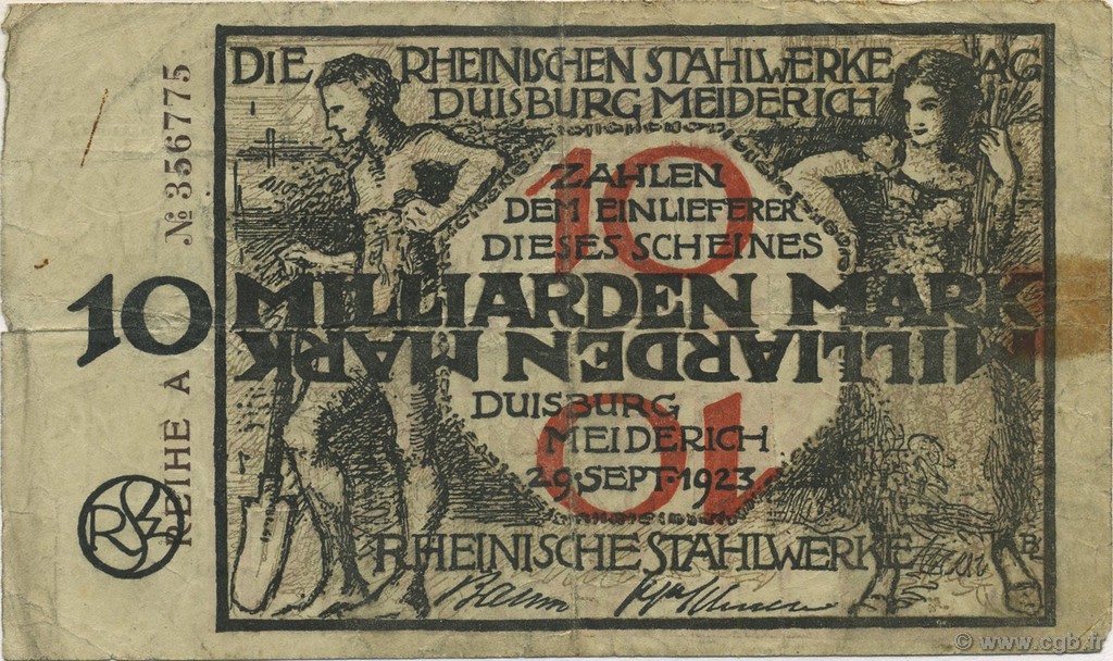 10 Milliards Mark GERMANY Duisburg-Meiderich 1923  F