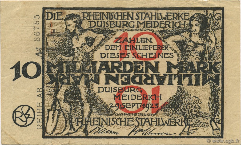 10 Milliards Mark GERMANY Duisburg-Meiderich 1923  VF