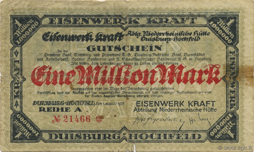 1 Million Mark GERMANY Duisburg-Hochfield 1923  F-