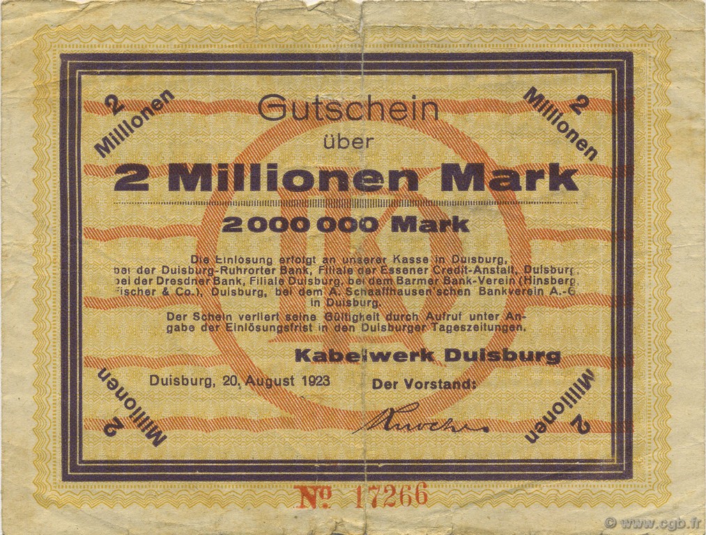 2 Millions Mark GERMANY Duisburg-Hochfield 1923  VG