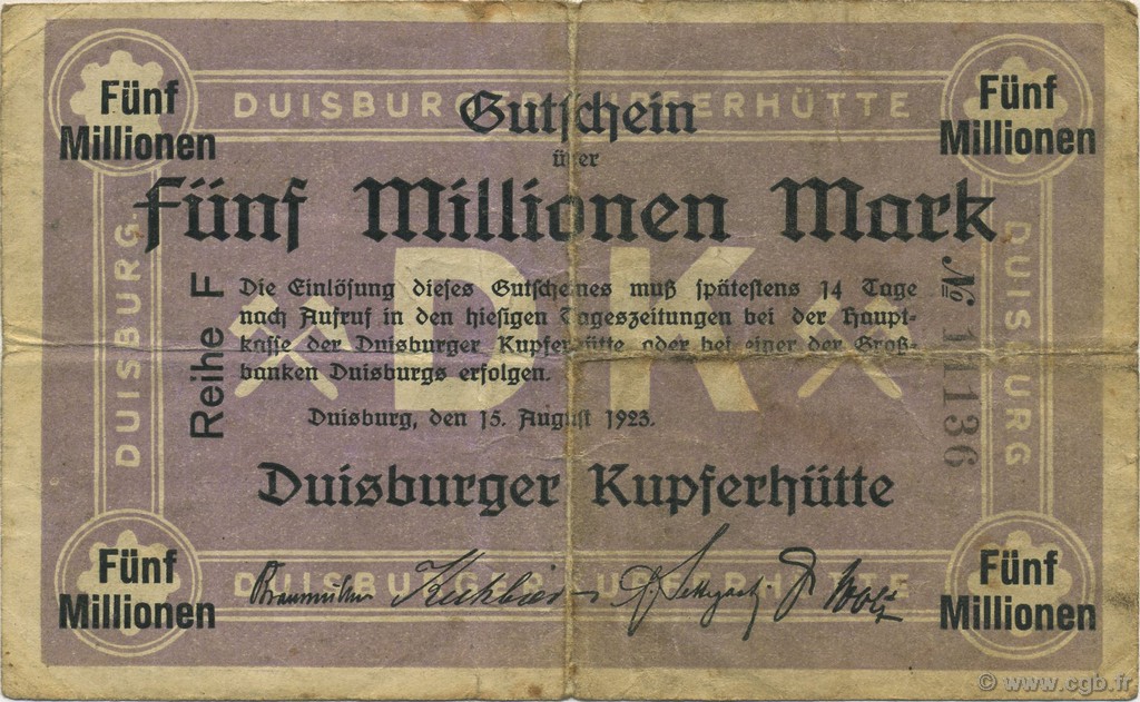 5 Millions Mark GERMANIA Duisburg 1923  q.BB