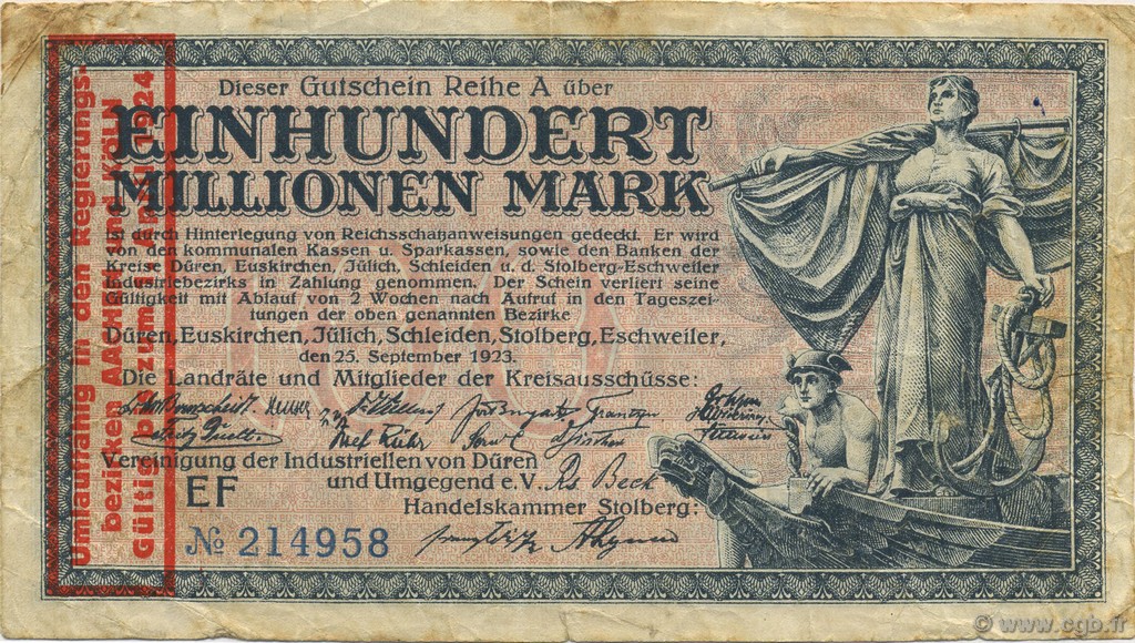 100 Millions Mark GERMANY Düren 1923  F
