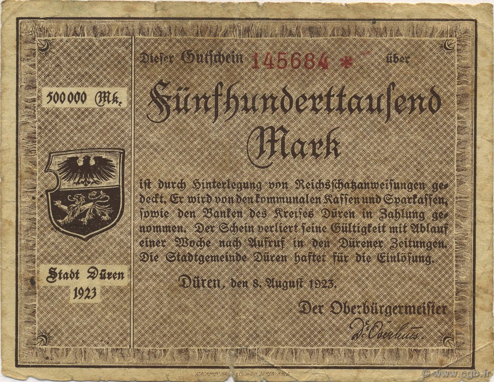 500000 Mark GERMANIA Düren 1923  MB