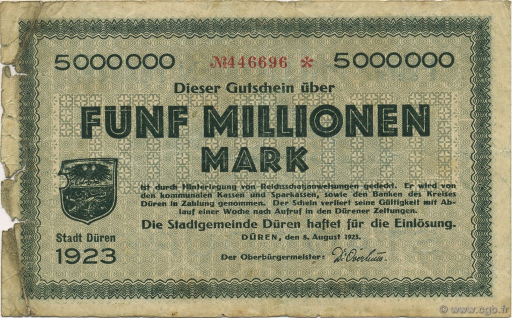 5 Millions Mark GERMANY Düren 1923  G