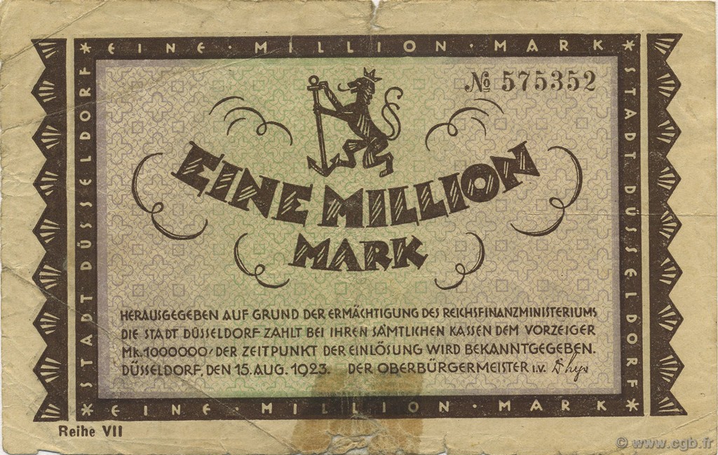 1 Million Mark GERMANY Düsseldorf 1923  VG