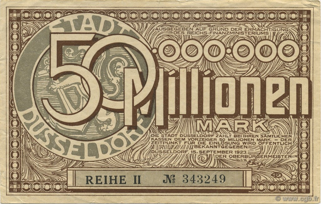 50 Millions Mark GERMANY Düsseldorf 1923  VF+