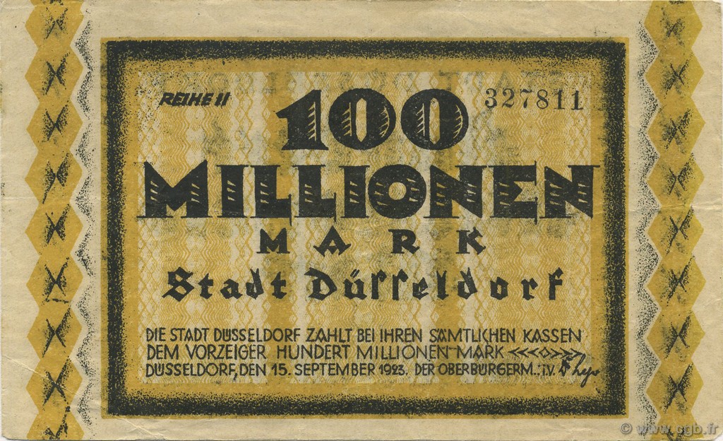 100 Millions Mark GERMANY Düsseldorf 1923  VF+