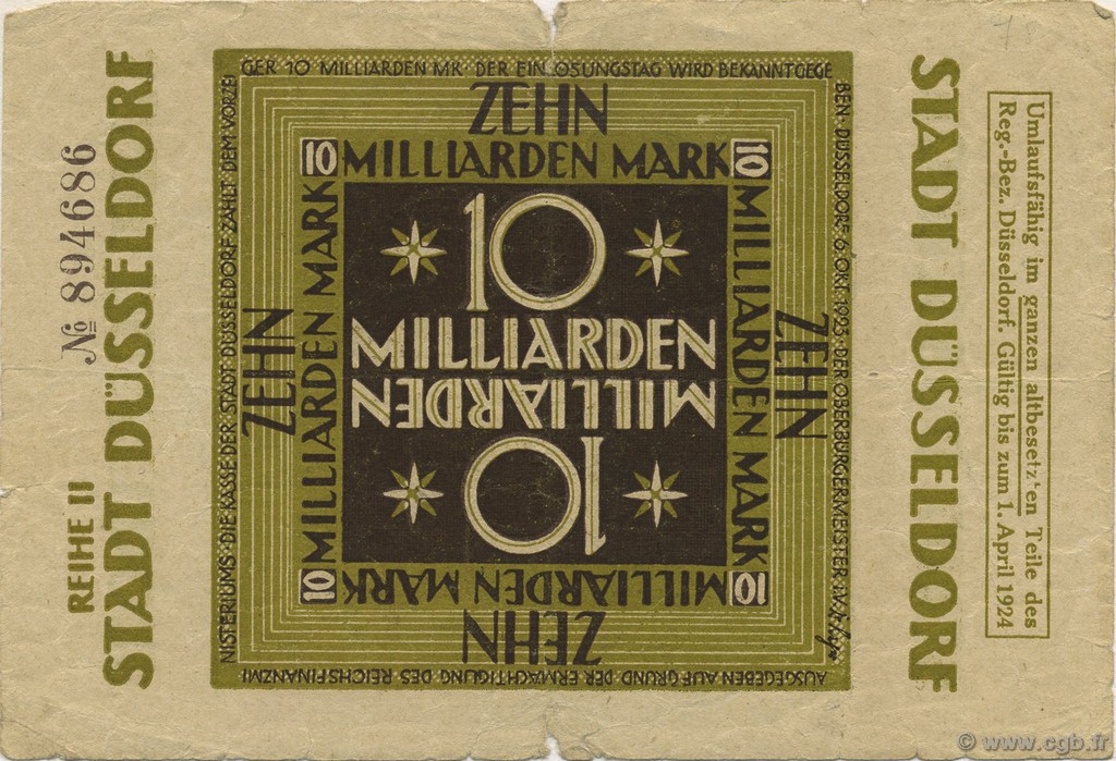 10 Milliards Mark GERMANY Düsseldorf 1923  G