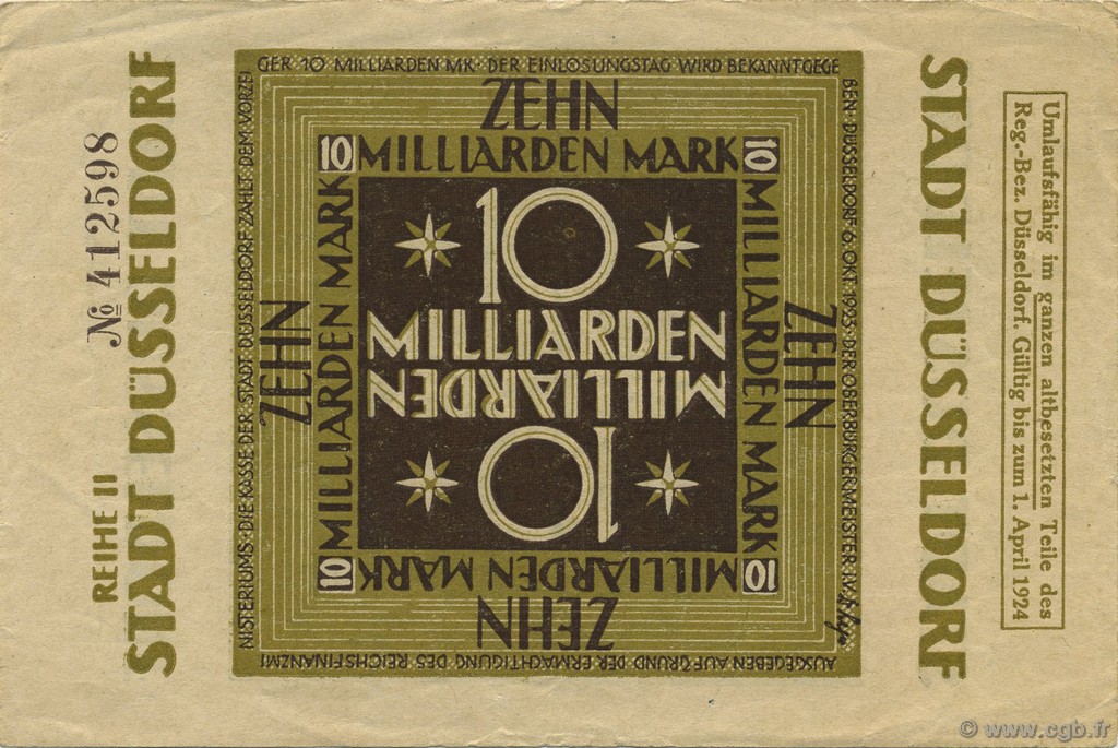 10 Milliards Mark GERMANY Düsseldorf 1923  VF+