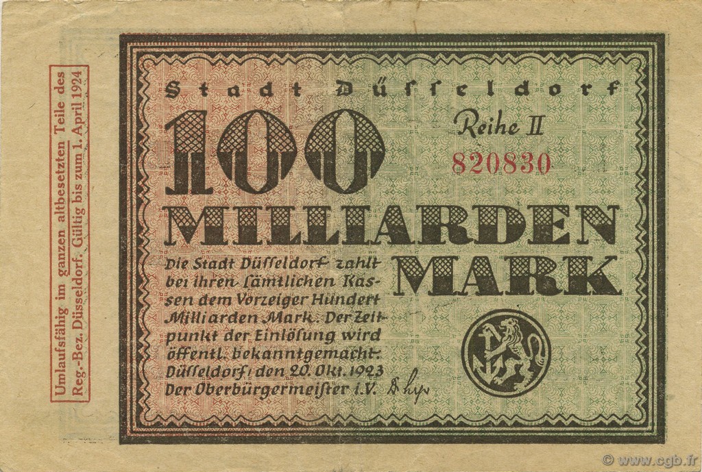 100 Milliards Mark GERMANY Düsseldorf 1923  VF