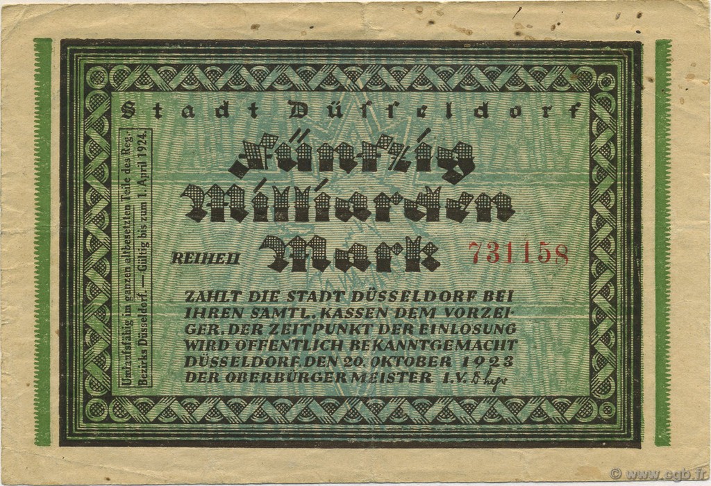 50 Milliards Mark GERMANY Düsseldorf 1923  VF-