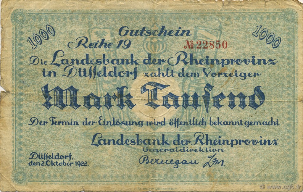 1000 Mark GERMANIA Düsseldorf 1922  B