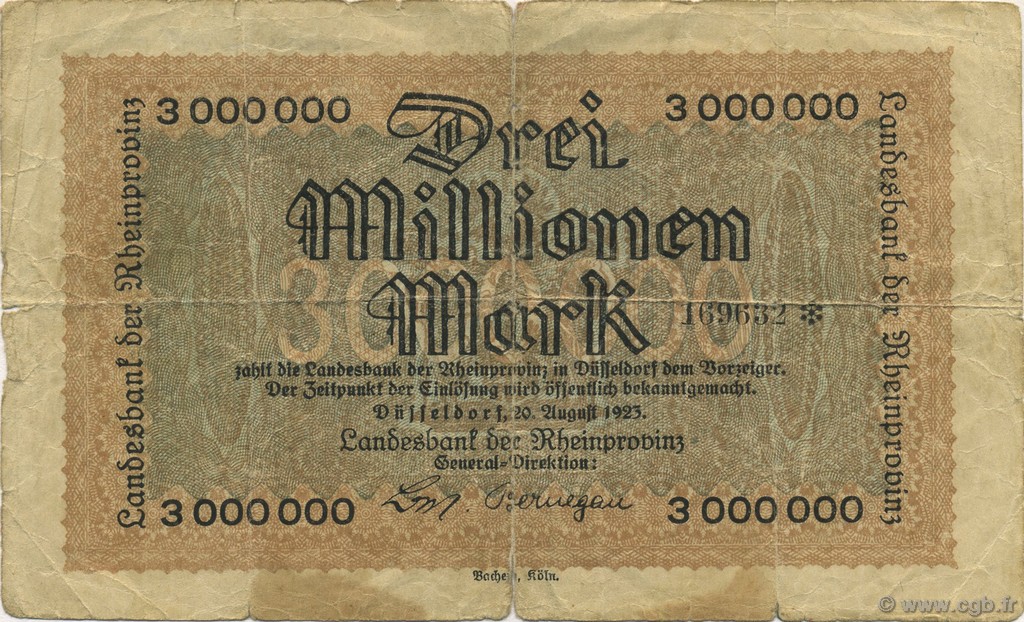 3 Millions Mark GERMANIA Düsseldorf 1923  B