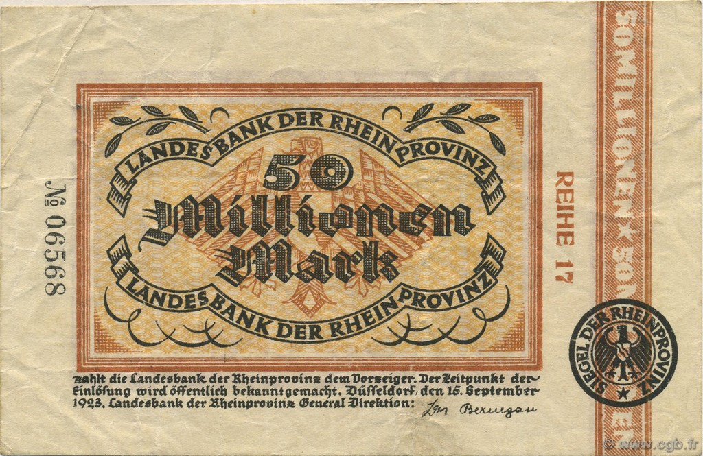 50 Millions Mark GERMANIA Düsseldorf 1923  BB