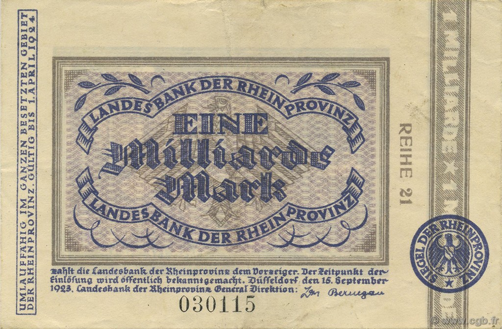 1 Milliard Mark ALEMANIA Düsseldorf 1923  MBC
