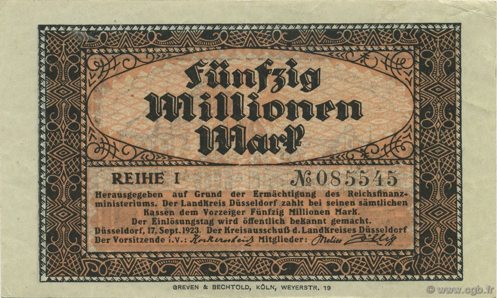 50 Millions Mark GERMANIA Düsseldorf 1923  q.SPL