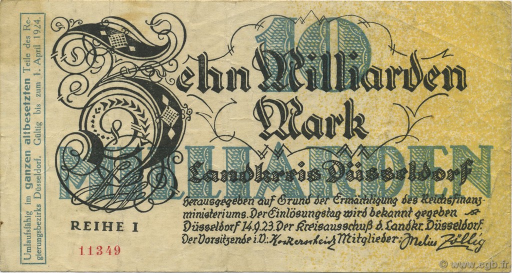10 Milliards Mark GERMANY Düsseldorf 1923  VF
