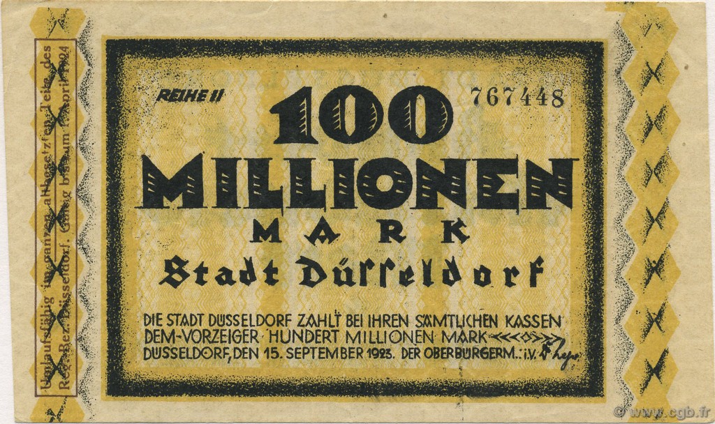 100 Millions Mark DEUTSCHLAND Düsseldorf 1923  fST
