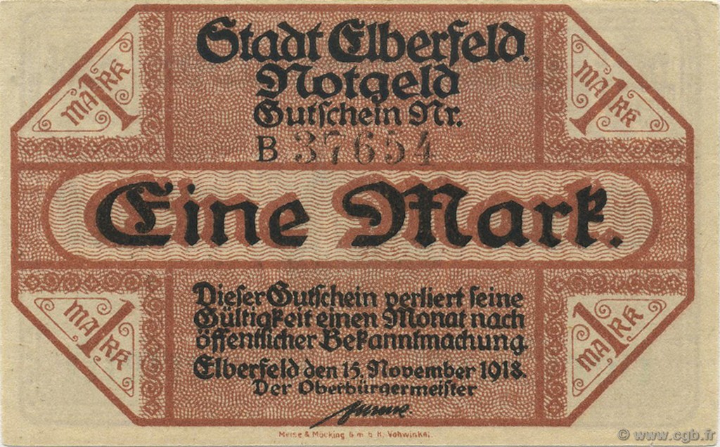 1 Mark GERMANY Elberfeld 1918  AU