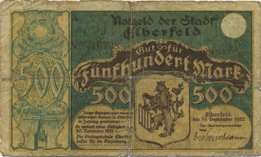 500 Mark DEUTSCHLAND Elberfeld 1922  SGE