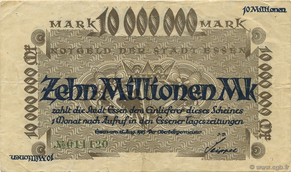 10 Millions Mark GERMANY Essen 1923  VF-