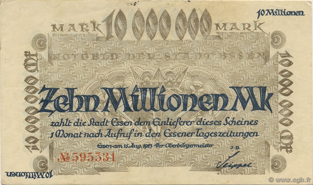 10 Millions Mark DEUTSCHLAND Essen 1923  VZ