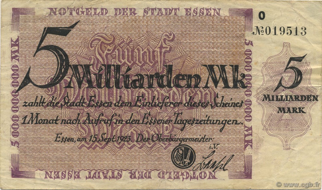 5 Milliards Mark GERMANY Essen 1923  VF