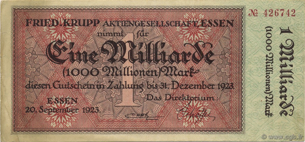 1 Milliard Mark GERMANIA Essen 1923  q.SPL