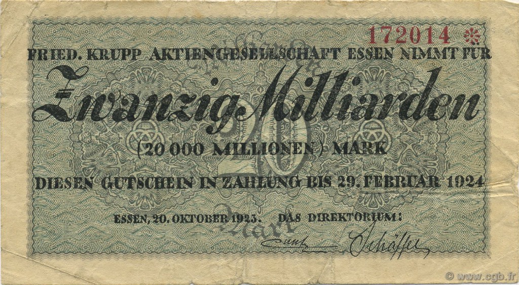 20 Milliards Mark GERMANY Essen 1923  VF