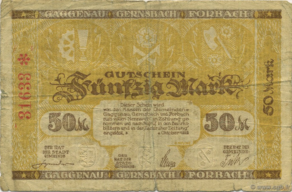 50 Mark GERMANIA Gaggenau-Gernsbah-Forbach 1922  MB