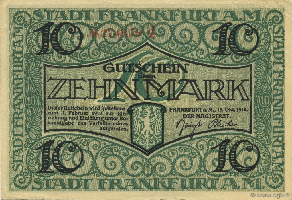 10 Mark GERMANY Frankfurt Am Main 1918  VF+
