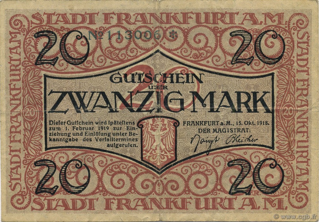 20 Mark GERMANY Frankfurt Am Main 1918  VF