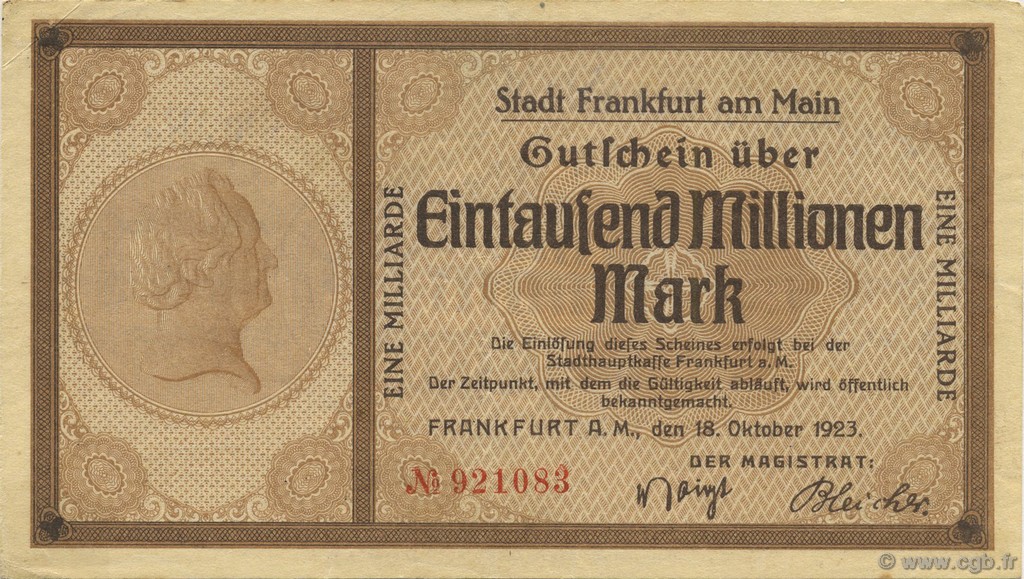 1 Milliard Mark GERMANIA Frankfurt Am Main 1923  BB