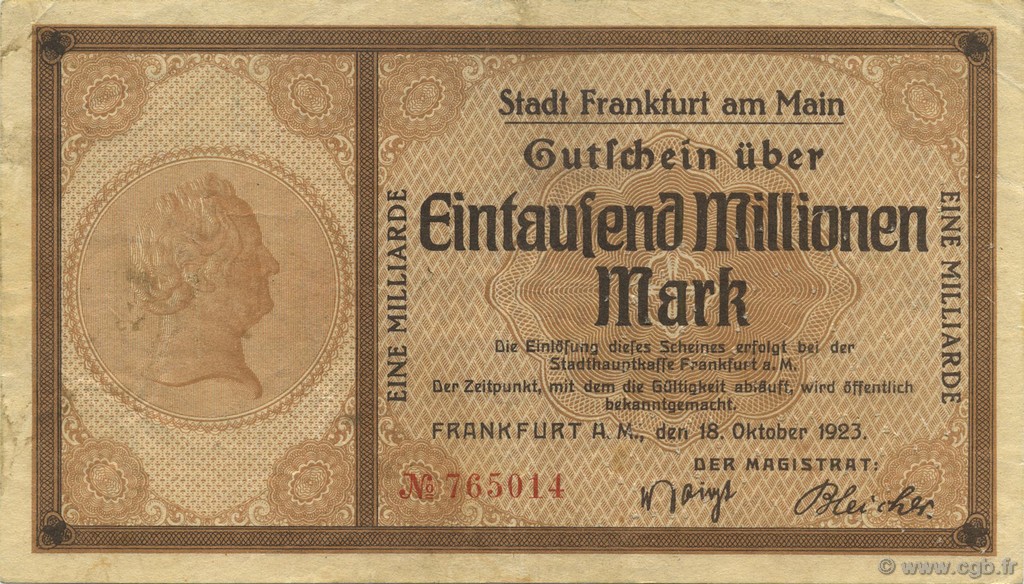 1 Milliard Mark GERMANY Frankfurt Am Main 1923  XF-