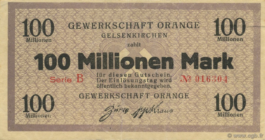100 Millions Mark GERMANY Gelsenkirchen 1923  XF