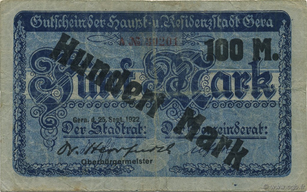 100 Mark GERMANY Gera 1922  F