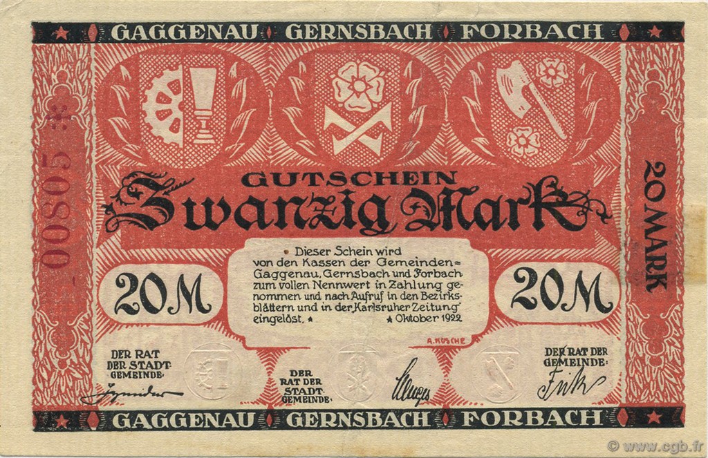 20 Mark GERMANIA Gaggenau-Gernsbah-Forbach 1922  BB