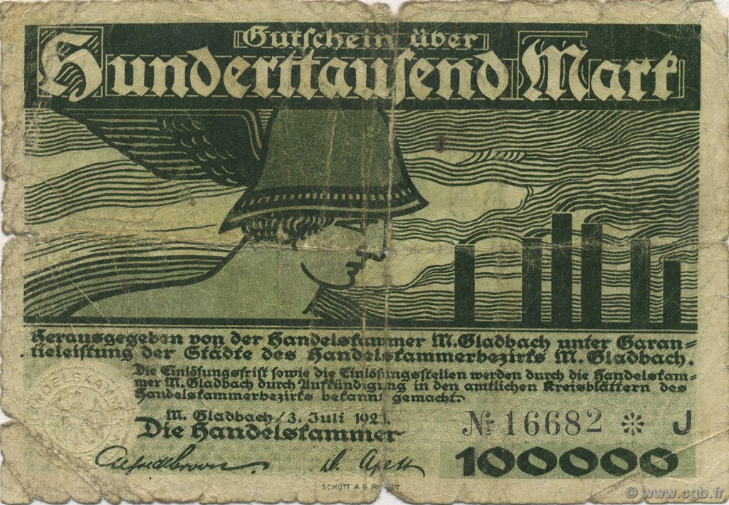 100000 Mark GERMANIA Gladbach 1923  B