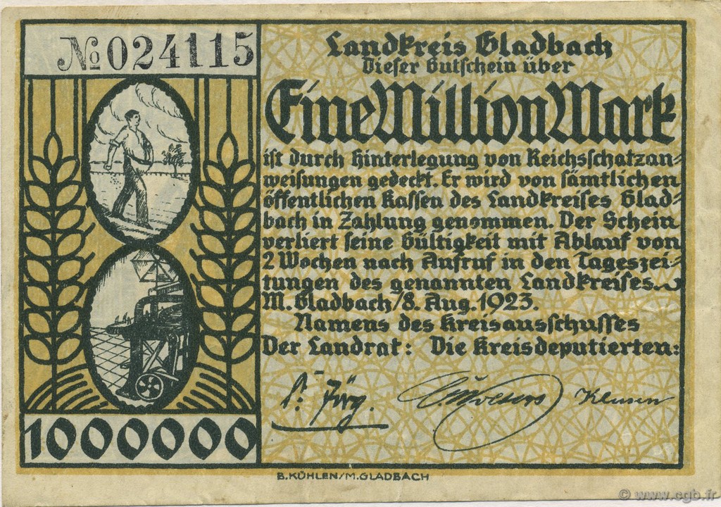 1 Million Mark GERMANY Gladbach 1923  VF