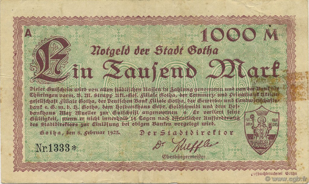 1000 Mark GERMANY Gotha 1923  VF