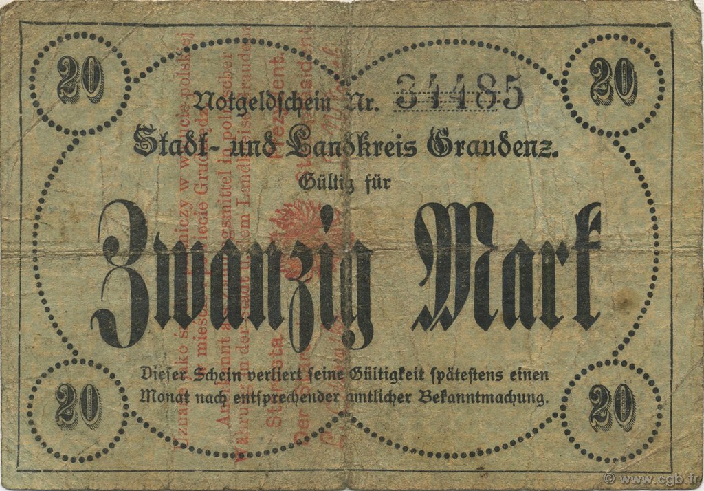20 Mark DEUTSCHLAND Graudenz 1918  S