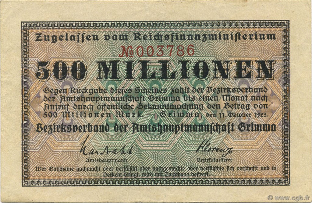 500 Millions Mark DEUTSCHLAND Grimma 1923  VZ