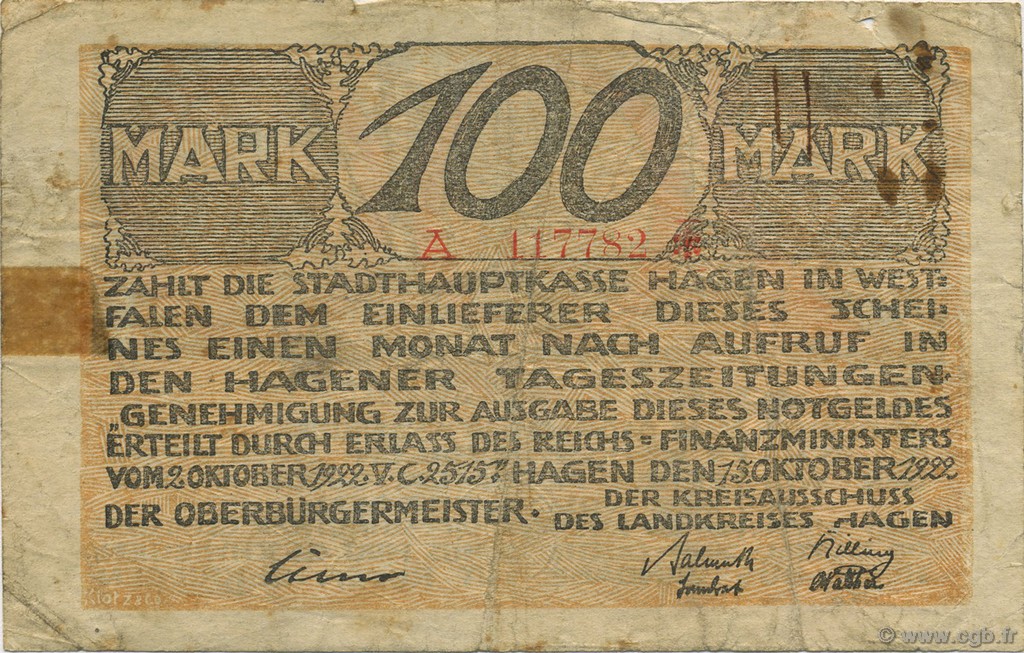 100 Mark GERMANIA Hagen 1922  B