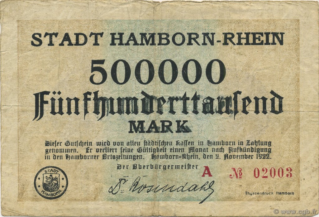 500000 Mark GERMANY Hamborn Am Rhein 1922  VF-
