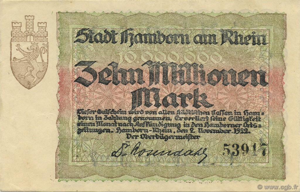 10 Millions Mark GERMANY Hamborn Am Rhein 1922  UNC-