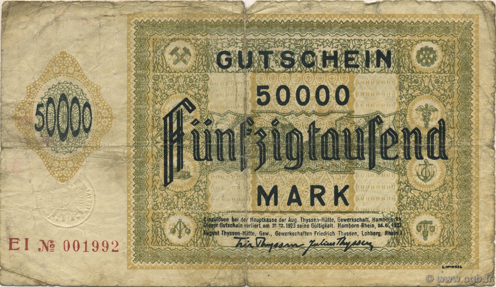 50000 Mark GERMANIA Hamborn Am Rhein 1923  B