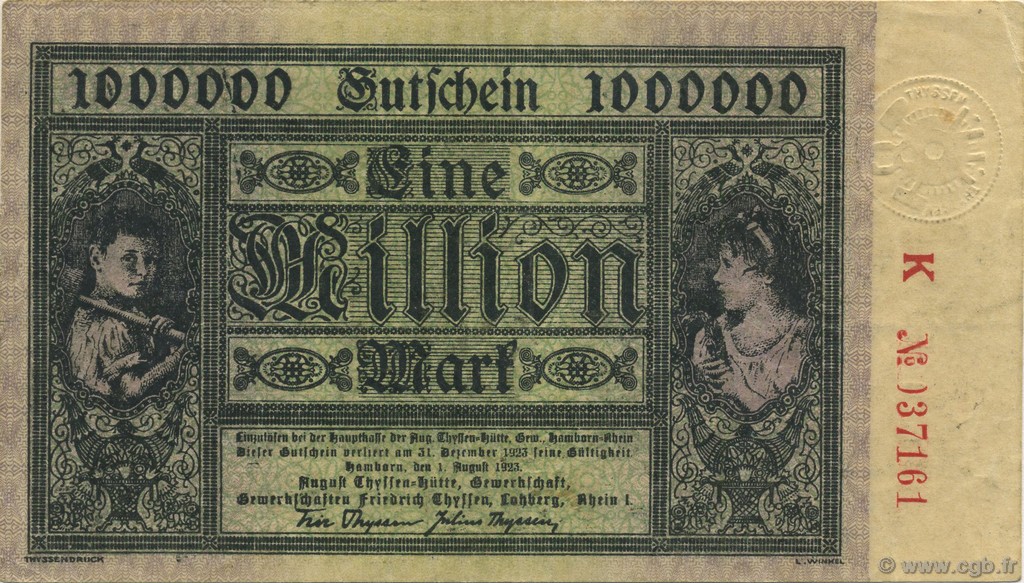 1 Million Mark DEUTSCHLAND Hamborn Am Rhein 1923  VZ