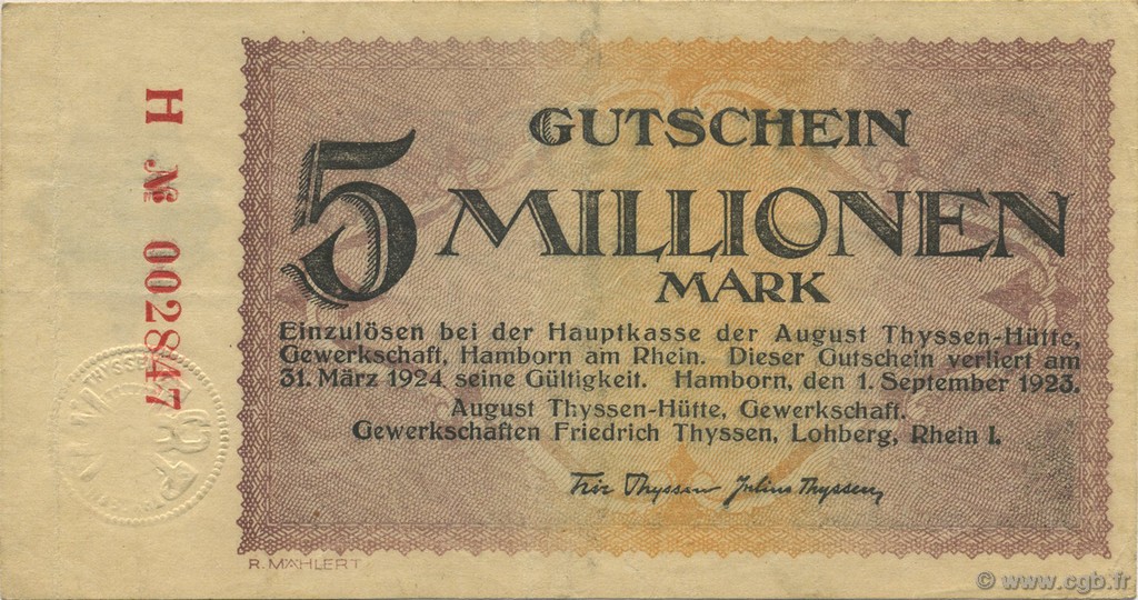 5 Millions Mark GERMANY Hamborn Am Rhein 1923  VF+