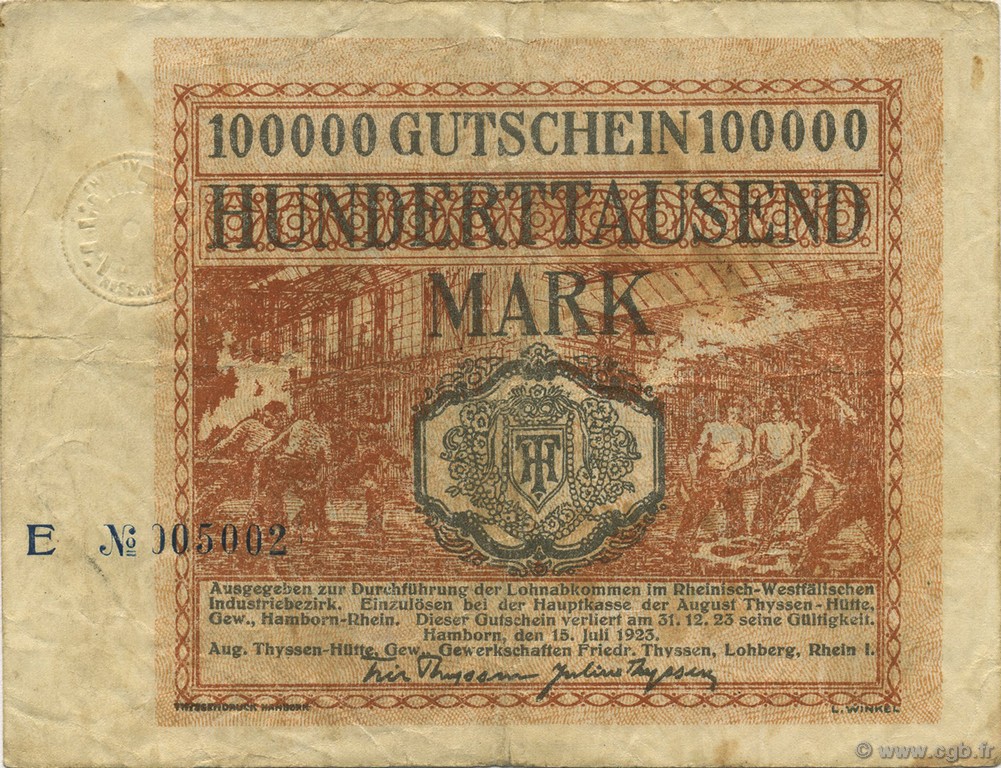 100000 Mark DEUTSCHLAND Hamborn Am Rhein 1923  fSS
