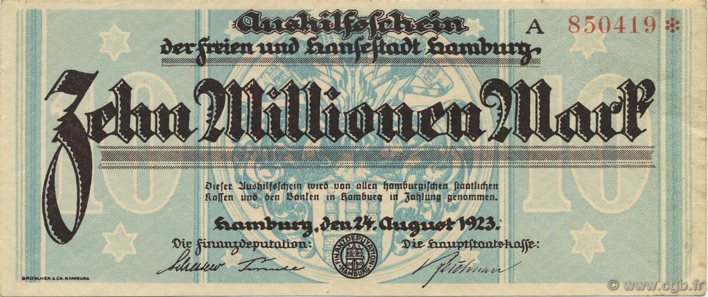 10 Millions Mark DEUTSCHLAND Hambourg 1923  VZ